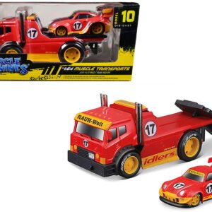 JDM Flatbed Truck #17 Red "RAUH-Welt BEGRIFF" and Porsche RWB 911 993 #17 Red "Muscle Transports" Series 1/64 Diecast Model Cars by Muscle Machines
