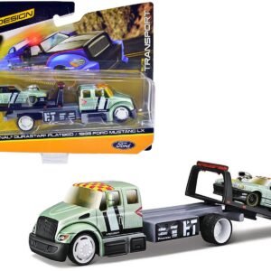 International DuraStar Flatbed Truck #17 and 1988 Ford Mustang LX #17 Light Green Metallic with Stripes and Graphics "Elite Transport" Series 1/64 Diecast Models by Maisto