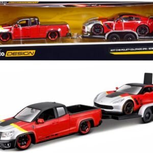 2017 Chevrolet Colorado ZR2 Pickup Truck Red and 2015 Chevrolet Corvette Z06 Red with Flatbed Trailer Set of 3 pieces "Elite Transport" Series 1/24 Diecast Model Cars by Maisto