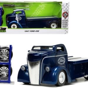 1947 Ford COE Flatbed Truck Dark Blue Metallic with White Top "The Famous Motor Cars" with Extra Wheels "Just Trucks" Series 1/24 Diecast Model by Jada