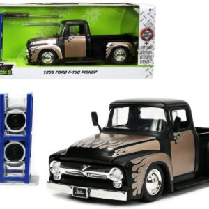 1956 Ford F-100 Pickup Truck Matt Black and Champagne with Flames with Extra Wheels "Just Trucks" Series 1/24 Diecast Model Car by Jada