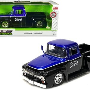 1956 Ford F-100 Pickup Truck Black and Blue Metallic with Ford Graphics "Just Trucks" Series 1/24 Diecast Model Car by Jada
