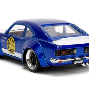 1974 Mazda RX-3 Candy Blue with White Interior and Graphics and Blue Ranger Diecast Figure "Power Rangers" "Hollywood Rides" Series 1/24 Diecast Model Car by Jada