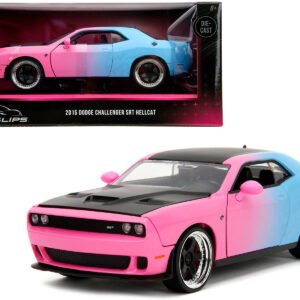 2015 Dodge Challenger SRT Hellcat Pink and Blue Gradient with Matt Black Hood and Top "Pink Slips" Series 1/24 Diecast Model Car by Jada