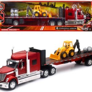 International Lonestar Truck with Flatbed Trailer Red Metallic with Front Loader and Rocks "Long Haul Truckers" Series 1/32 Diecast Model by New Ray