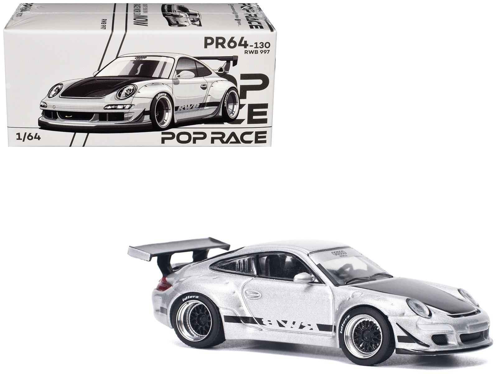 RWB 997 Silver Metallic with Black Stripes and Hood 1/64 Diecast Model Car by Pop Race - Image 4
