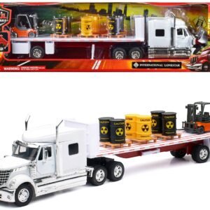 International Lonestar Flatbed Truck White with 6 Toxic Barrels 3 Pallets and Forklift "Long Haul Trucker" Series 1/32 Diecast Model by New Ray