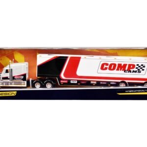 International LoneStar Enclosed Car Transporter "Comp Cams" White and Black with Stripes "Custom Haulers" Series 1/64 Diecast Model by Maisto