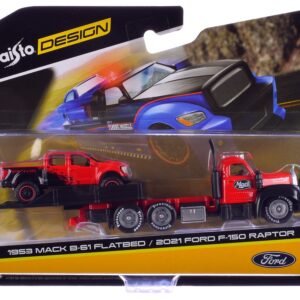 1953 Mack B-61 Flatbed Truck Red with Black and 2021 Ford F-150 Raptor Pickup Truck Red and Black "Elite Transport" Series 1/64 Diecast Models by Maisto