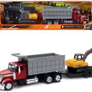 International Lonestar Dump Truck Red and Tracked Excavator Yellow with Flatbed Trailer "Long Haul Truckers" Series 1/43 Diecast Model by New Ray