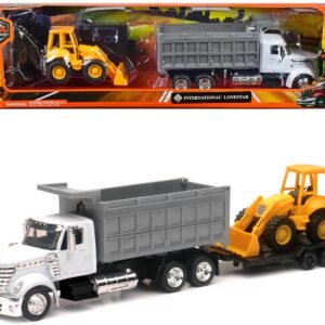 International Lonestar Dump Truck White and Wheel Loader Yellow with Flatbed Trailer "Long Haul Truckers" Series 1/43 Diecast Model by New Ray