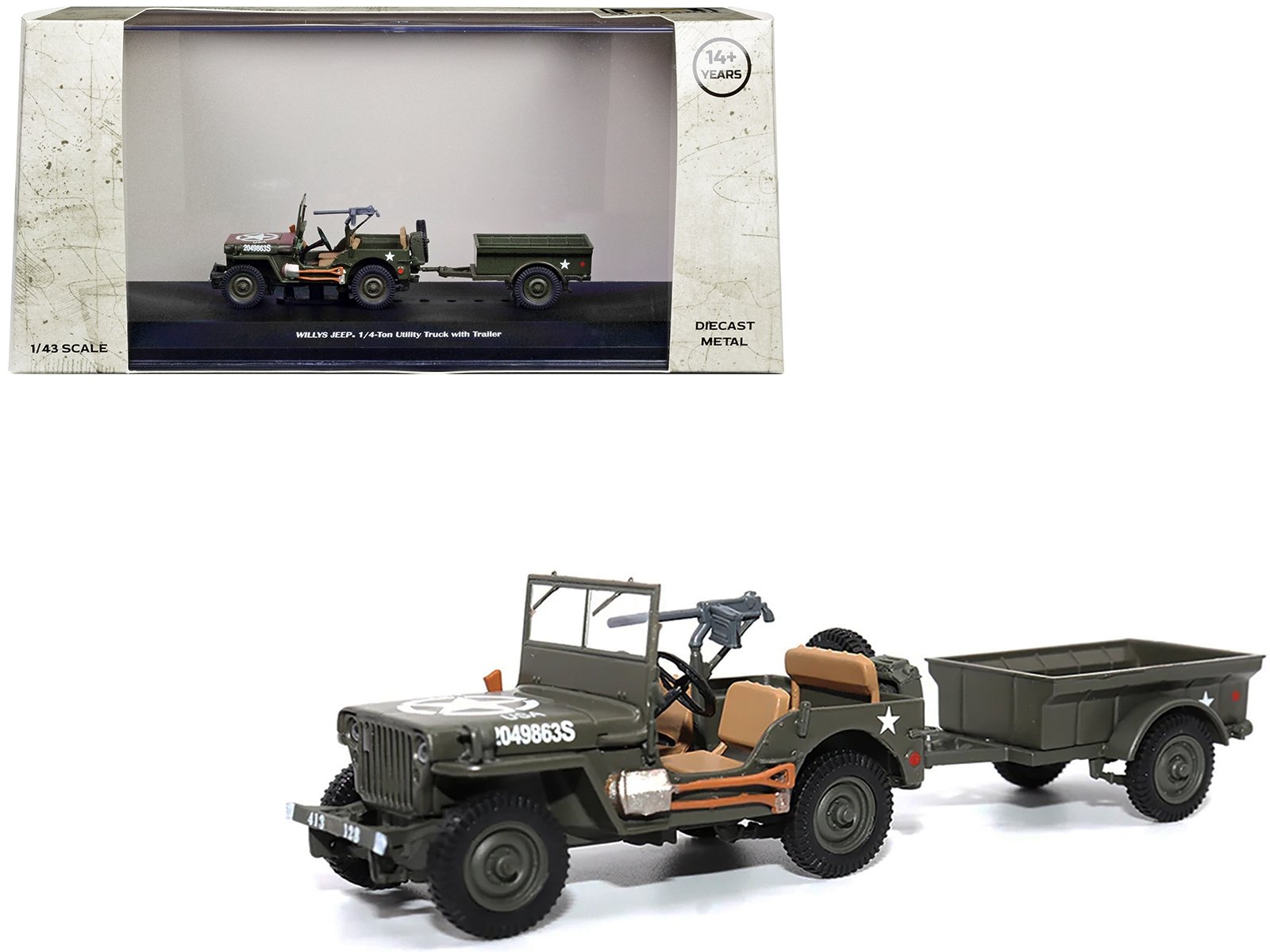 Willys Jeep 1/4-Ton Utility Truck Olive Drab with Trailer "United States Army" 1/43 Diecast Model by Militaria Die Cast - Image 3