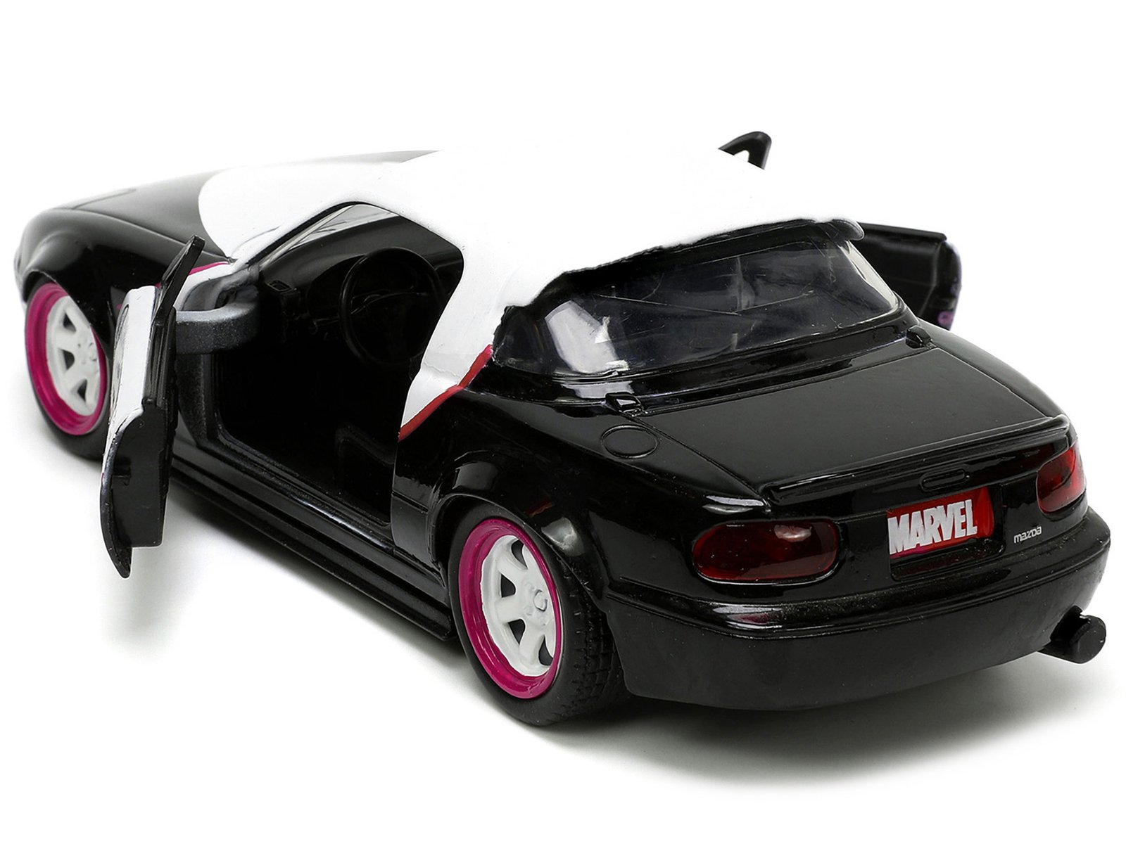 1990 Mazda Miata Black and White with Graphics and Ghost Spider Diecast Figure "Spider-Man" "Marvel" Series 1/32 Diecast Model Car by Jada - Image 2