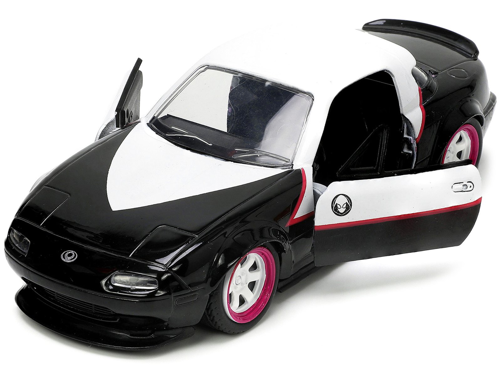 1990 Mazda Miata Black and White with Graphics and Ghost Spider Diecast Figure "Spider-Man" "Marvel" Series 1/32 Diecast Model Car by Jada - Image 3