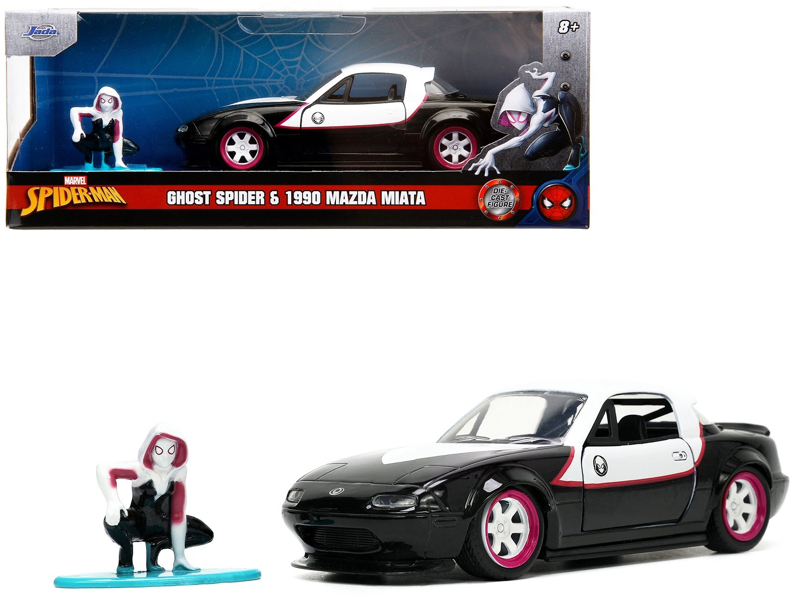 1990 Mazda Miata Black and White with Graphics and Ghost Spider Diecast Figure "Spider-Man" "Marvel" Series 1/32 Diecast Model Car by Jada - Image 4