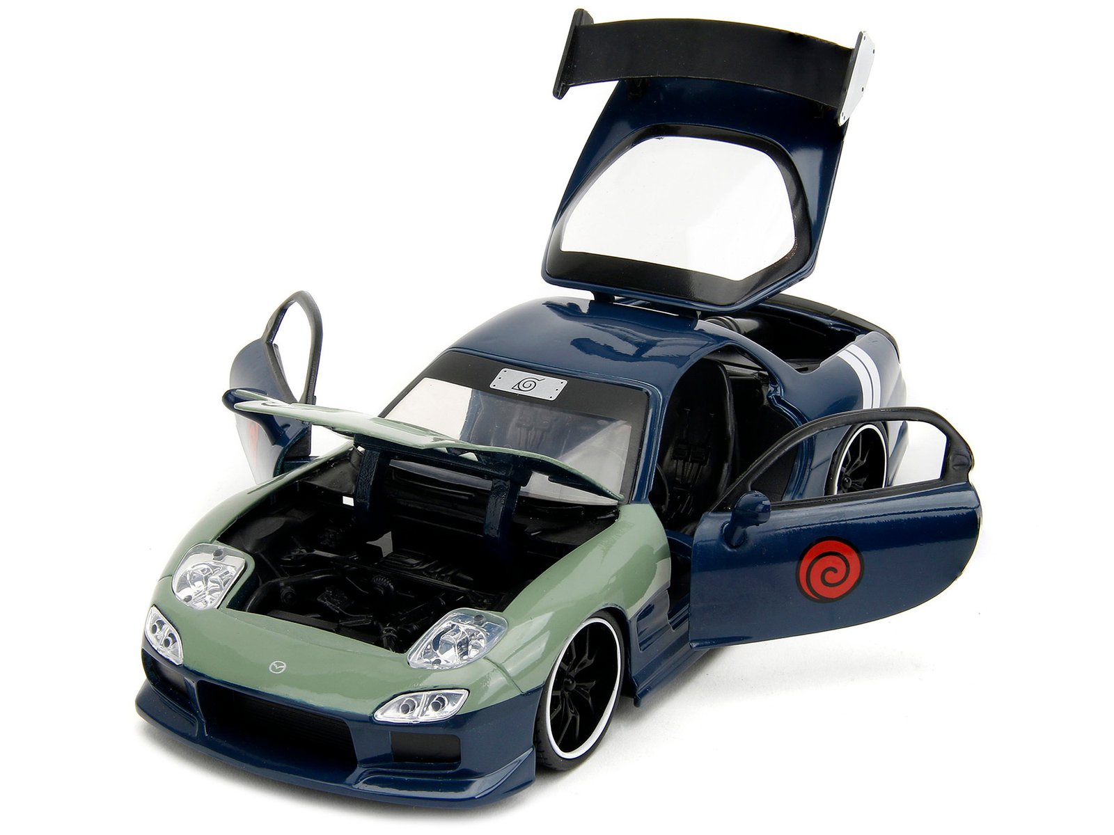 1993 Mazda RX-7 Dark Blue with Green Hood and Kakashi Hatake Diecast Figure "Naruto Shippuden" (2009-2017) TV Series "Anime Hollywood Rides" Series 1/24 Diecast Model Car by Jada - Image 3