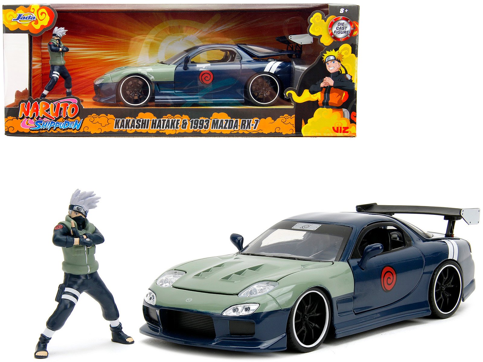 1993 Mazda RX-7 Dark Blue with Green Hood and Kakashi Hatake Diecast Figure "Naruto Shippuden" (2009-2017) TV Series "Anime Hollywood Rides" Series 1/24 Diecast Model Car by Jada - Image 4