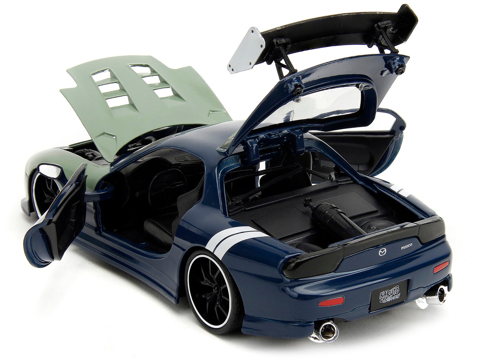 1993 Mazda RX-7 Dark Blue with Green Hood and Kakashi Hatake Diecast Figure "Naruto Shippuden" (2009-2017) TV Series "Anime Hollywood Rides" Series 1/24 Diecast Model Car by Jada - Image 5