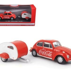 1967 Volkswagen Beetle Red with Teardrop Travel Trailer Red and White "Coca-Cola" 1/43 Diecast Model Car by Motorcity Classics