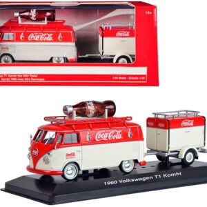 1960 Volkswagen T1 Kombi Van with Trailer Red and Cream "Coca Cola" 1/43 Diecast Model Car by Motorcity Classics