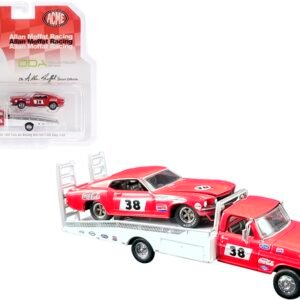 Ford F-350 Ramp Truck #38 Red and White with 1969 Ford Mustang Trans Am #38 Red "Coca-Cola" Allan Moffat Racing "DDA Collectibles" Series "ACME Exclusive" 1/64 Diecast Model Cars by Greenlight for ACME