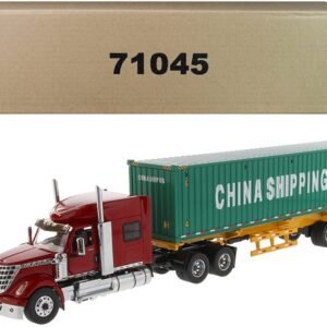 International LoneStar Sleeper Cab Red with Skeleton Trailer and 40' Dry Goods Sea Container "China Shipping" Green "Transport Series" 1/50 Diecast Model by Diecast Masters
