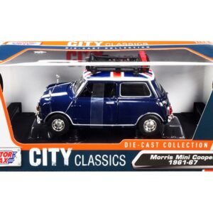 1961-1967 Morris Mini Cooper RHD (Right Hand Drive) Dark Blue with British Flag on the Top and Roof Rack "City Classics" Series 1/18 Diecast Model Car by Motormax