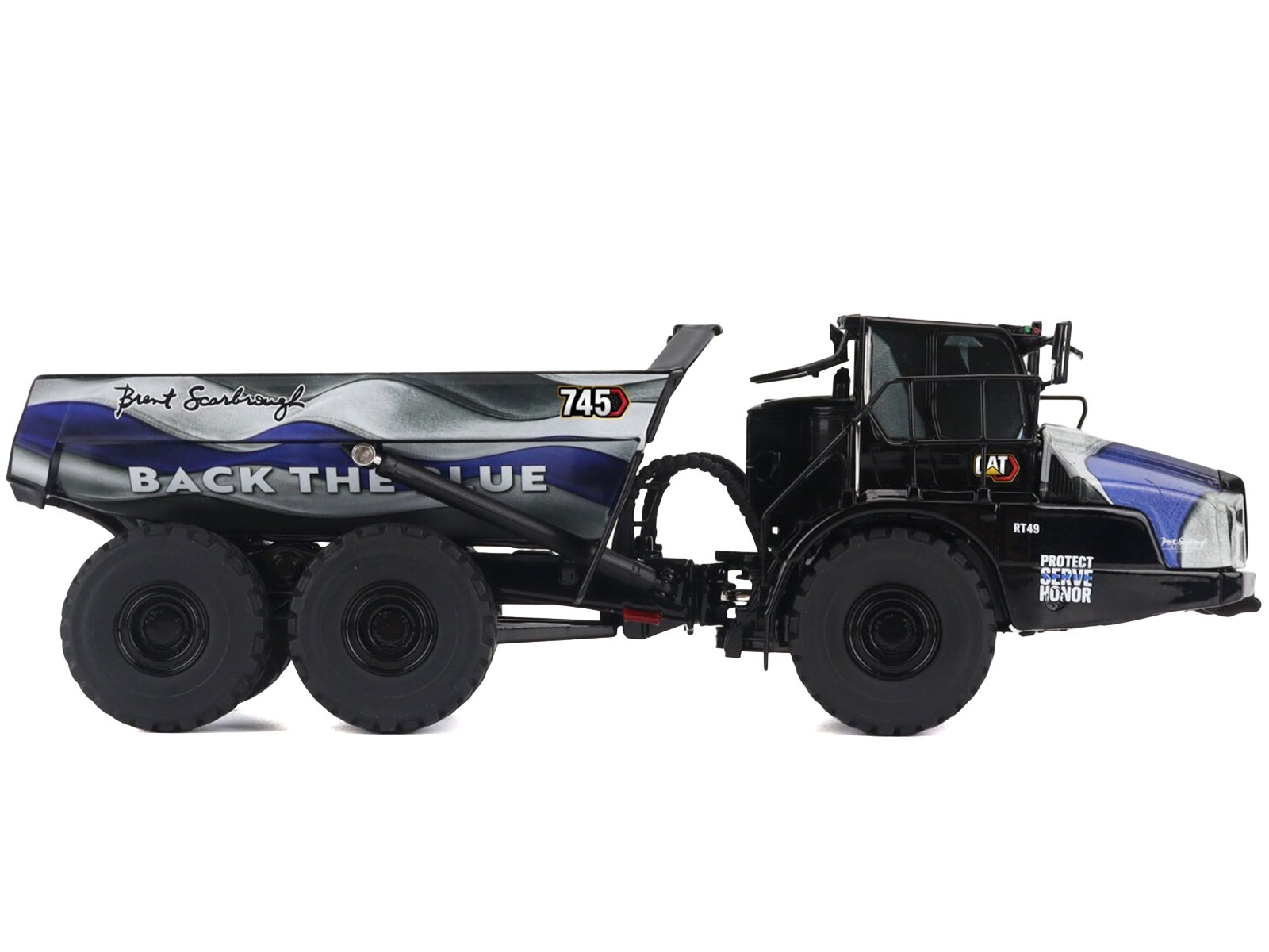 CAT Caterpillar 745 Articulated Dump Truck "Brent Scarbrough & Co. - Back the Blue" Black with Graphics "High Line" Series 1/50 Diecast Model by Diecast Masters - Image 2