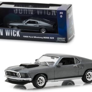1969 Ford Mustang BOSS 429 Gray with Black Stripes "John Wick" (2014) Movie 1/43 Diecast Model Car by Greenlight