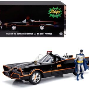 Classic TV Series Batmobile with Working Lights, and Diecast Batman and Robin Figures "80 Years of Batman" 1/18 Diecast Model Car by Jada