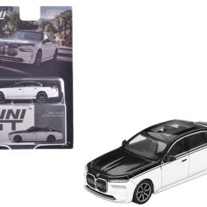 BMW i7 xDrive60 Dravit Alpine White and Black Sapphire Limited Edition 1/64 Diecast Model Car by Mini GT