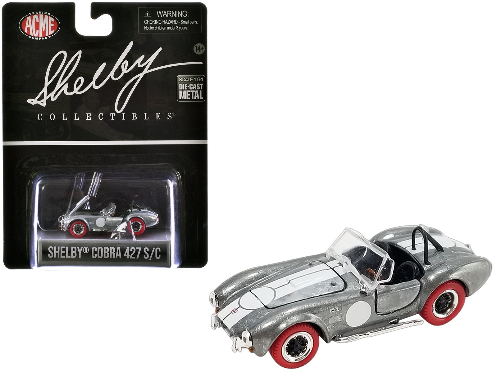 Shelby Cobra 427 S/C Raw Metal with White Stripes and Red Tires "Shelby Collectibles" Series 1/64 Diecast Model Car by ACME - Image 2