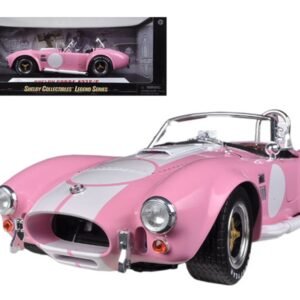 1965 Shelby Cobra 427 S/C Pink with White Stripes with Printed Carroll Shelby Signature's on the Trunk 1/18 Diecast Model Car by Shelby Collectibles