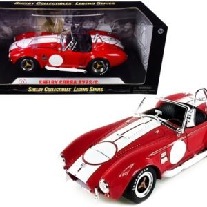 1965 Shelby Cobra 427 S/C Red with White Stripes with Printed Carroll Shelby's Signature on the Trunk 1/18 Diecast Model Car by Shelby Collectibles